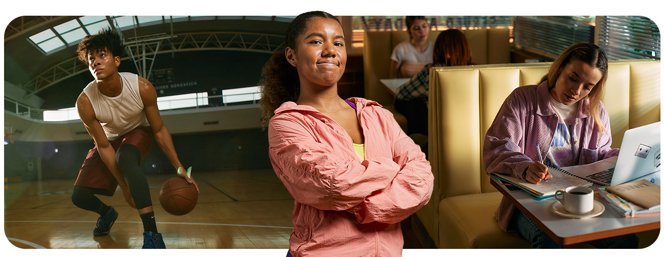 A collage featuring a young man dribbling a basketball, a young woman standing with her arms crossed, and a young woman sitting at a diner with a laptop and writing in her notebook