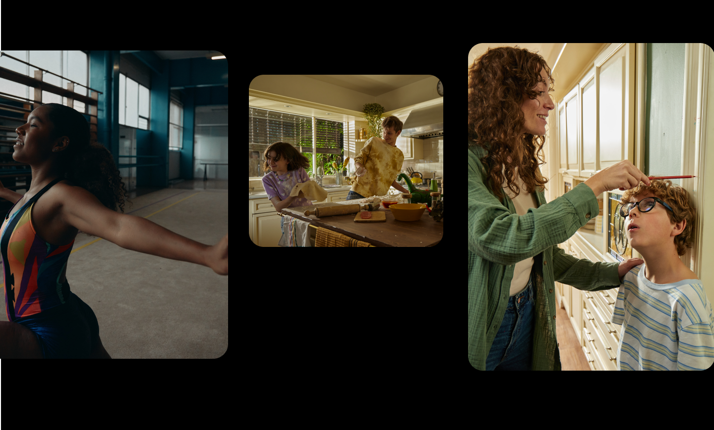 A young woman, a brother and sister making pizza in a kitchen, and a mother marking her son's height on a doorframe